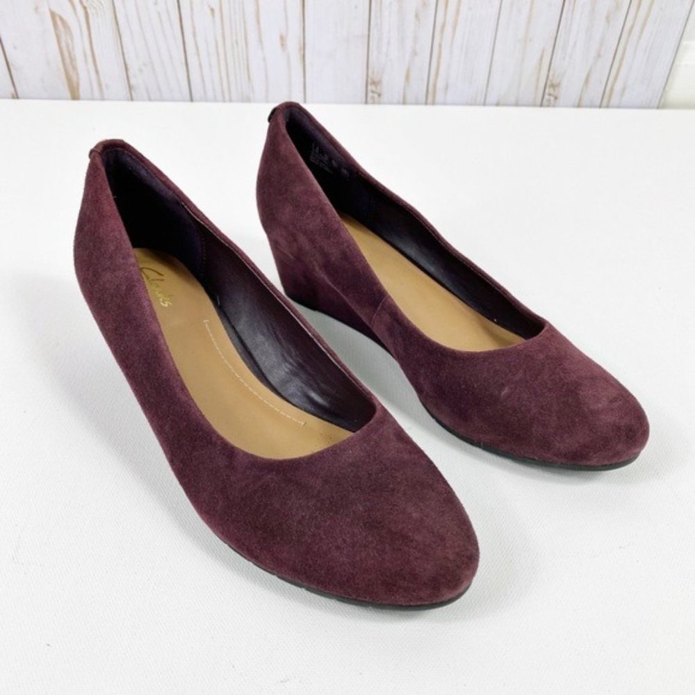 Clarks Plum Suede Wedge Pumps